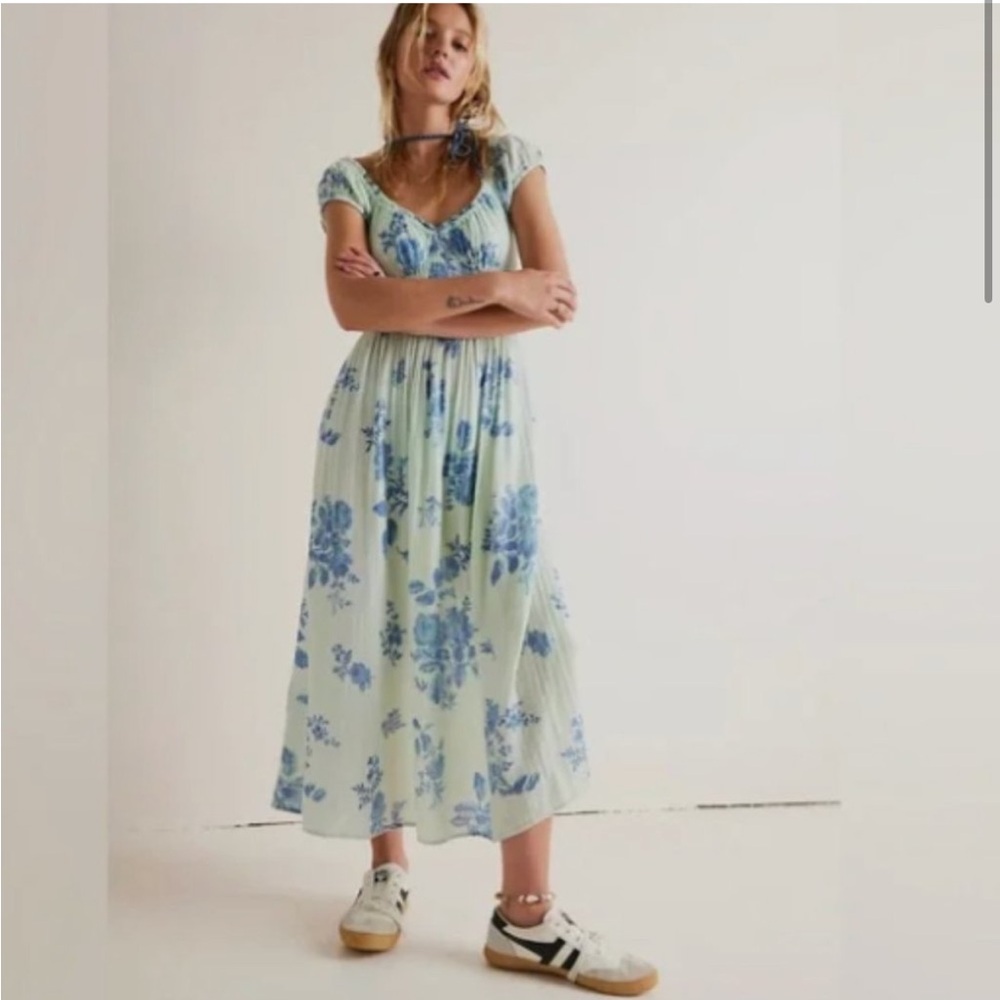 Free People Forget Me Not Blue Floral Midi Dress Sz XL NWT